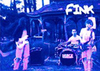 Slightly warped blue tinted photo of Fink playing instruments